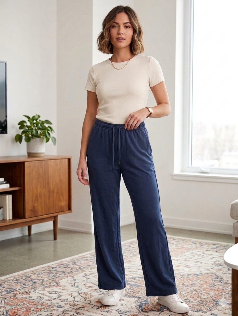 Chrome Riot Casual Wide-Leg Drawstring Pants - Navy, SOFT